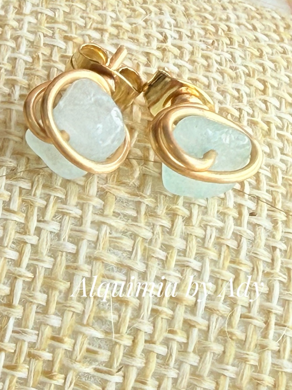Boho Stud Earrings in Light Aquamarine with Gold Wrap
